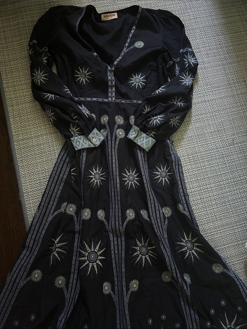Emporio Sirenuse Black Maxi Dress with Silver Sunburst Embroidery